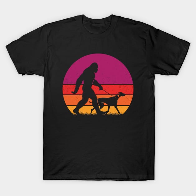Bigfoot Walking a Weimaraner Dog Vintage Sunset Hiking T-Shirt by Cuteness Klub